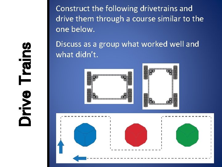 Drive Trains Construct the following drivetrains and drive them through a course similar to