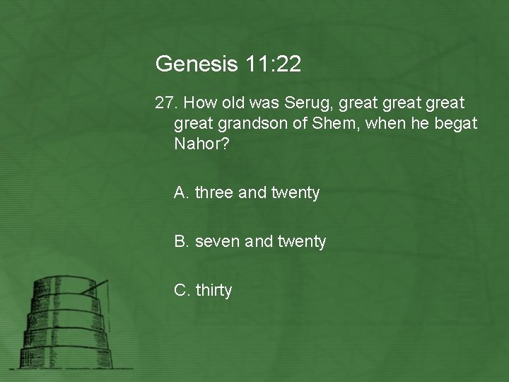 Genesis 11: 22 27. How old was Serug, great grandson of Shem, when he