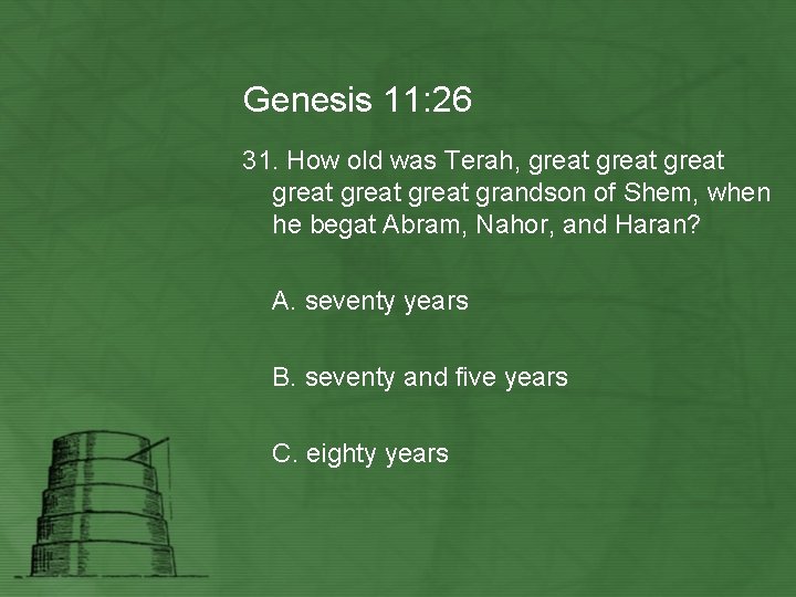 Genesis 11: 26 31. How old was Terah, great great grandson of Shem, when