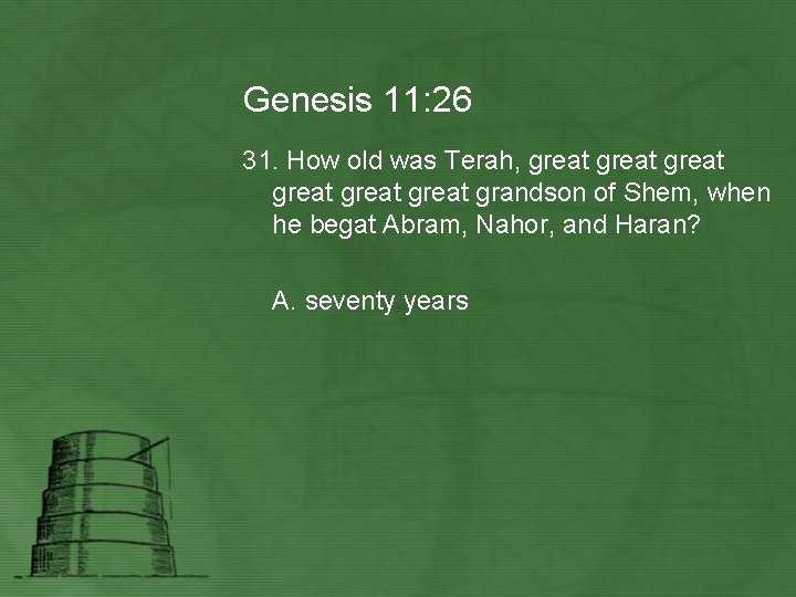 Genesis 11: 26 31. How old was Terah, great great grandson of Shem, when