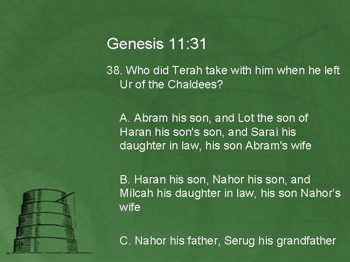 Genesis 11: 31 38. Who did Terah take with him when he left Ur