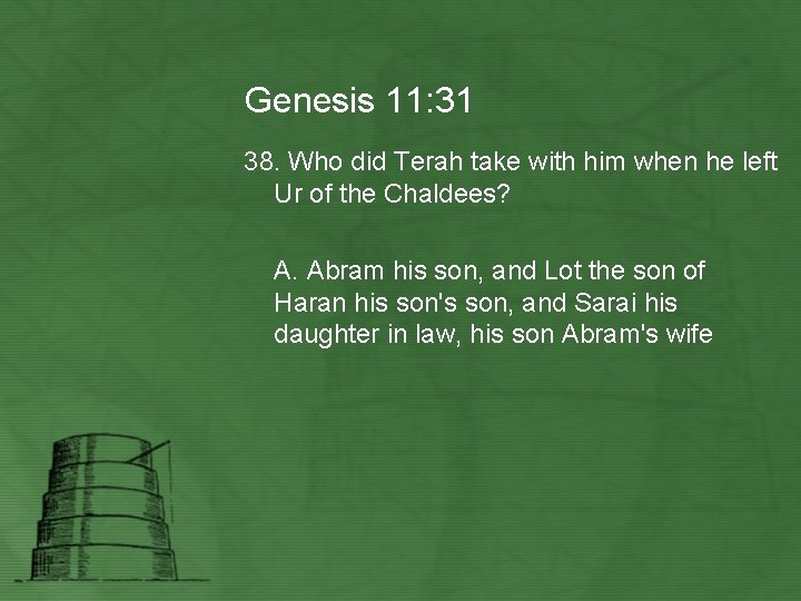 Genesis 11: 31 38. Who did Terah take with him when he left Ur