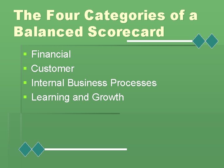 The Four Categories of a Balanced Scorecard § § Financial Customer Internal Business Processes