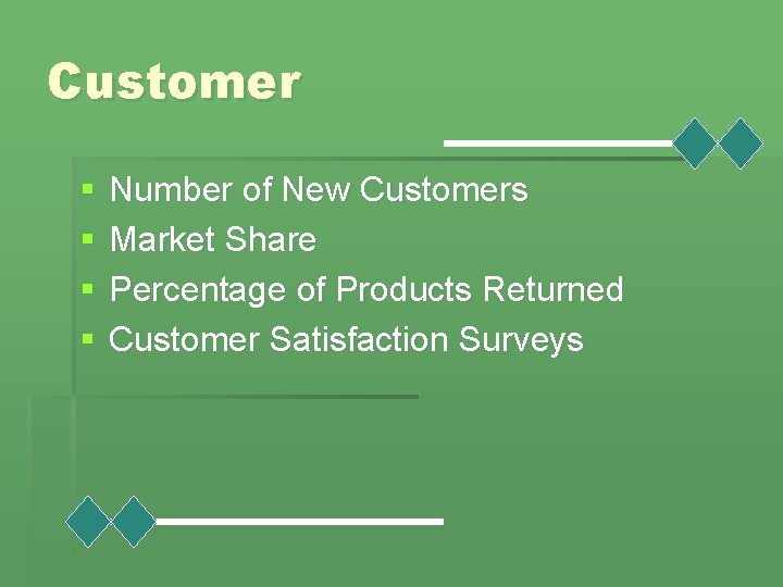 Customer § § Number of New Customers Market Share Percentage of Products Returned Customer