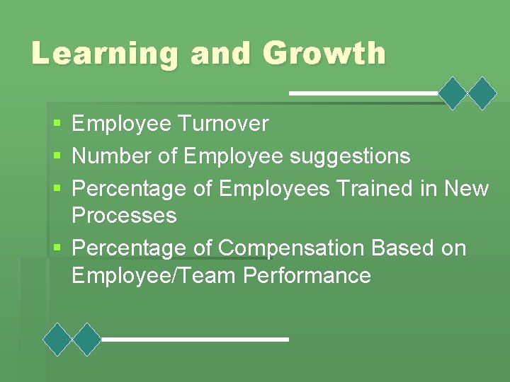 Learning and Growth § § § Employee Turnover Number of Employee suggestions Percentage of