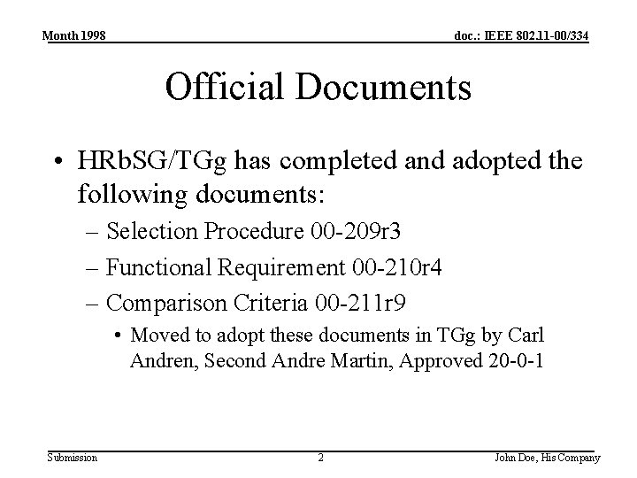 Month 1998 doc. : IEEE 802. 11 -00/334 Official Documents • HRb. SG/TGg has