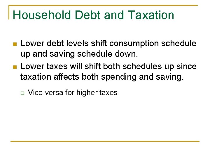 Household Debt and Taxation n n Lower debt levels shift consumption schedule up and