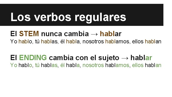 Los verbos regulares El STEM nunca cambia → hablar Yo hablo, tú hablas, él