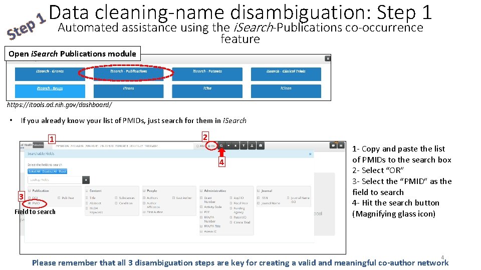 Data cleaning-name disambiguation: Step 1 1 p Automated assistance using the i. Search-Publications co-occurrence