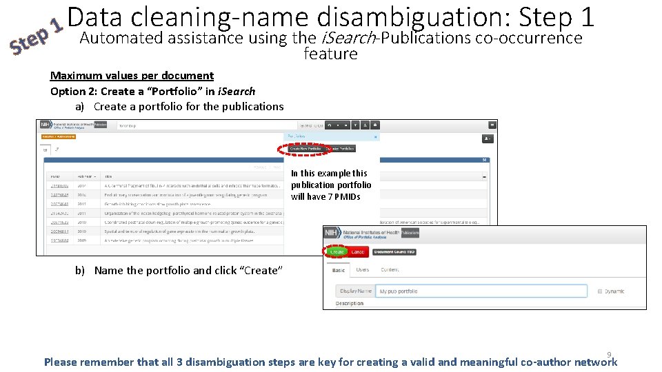 Data cleaning-name disambiguation: Step 1 1 p Automated assistance using the i. Search-Publications co-occurrence