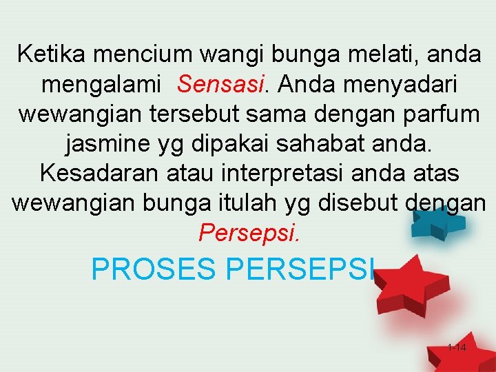 Ketika mencium wangi bunga melati, anda mengalami Sensasi. Anda menyadari wewangian tersebut sama dengan