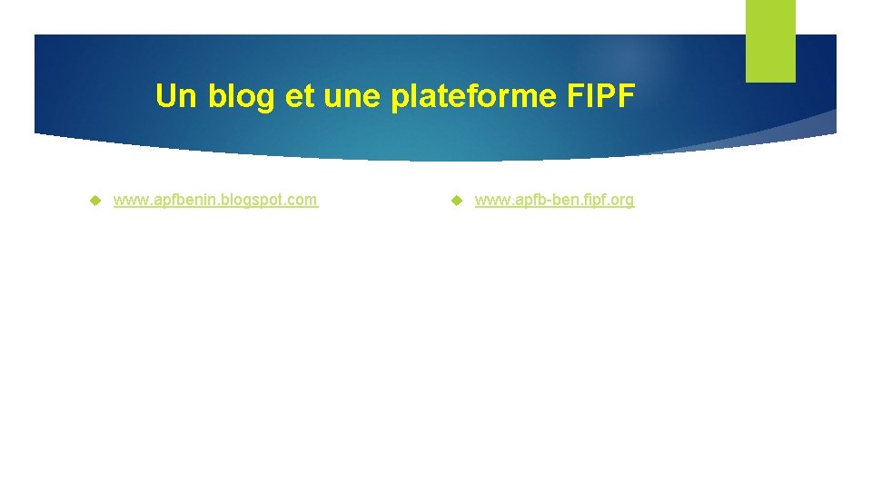 Un blog et une plateforme FIPF www. apfbenin. blogspot. com www. apfb-ben. fipf. org
