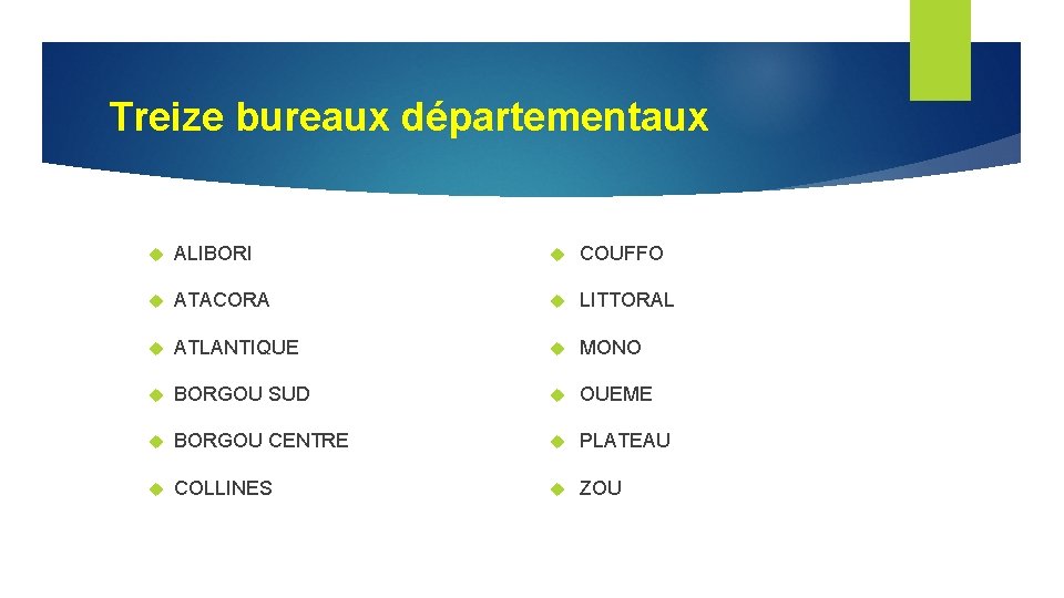 Treize bureaux départementaux ALIBORI COUFFO ATACORA LITTORAL ATLANTIQUE MONO BORGOU SUD OUEME BORGOU CENTRE