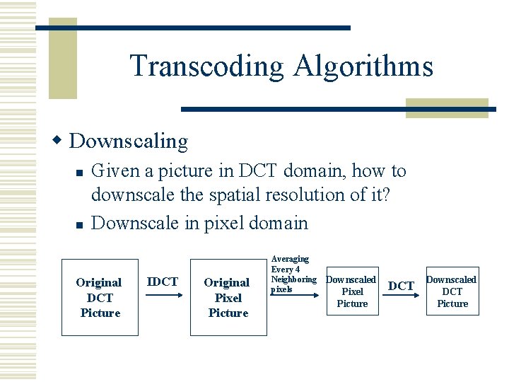Transcoding Algorithms w Downscaling n n Given a picture in DCT domain, how to