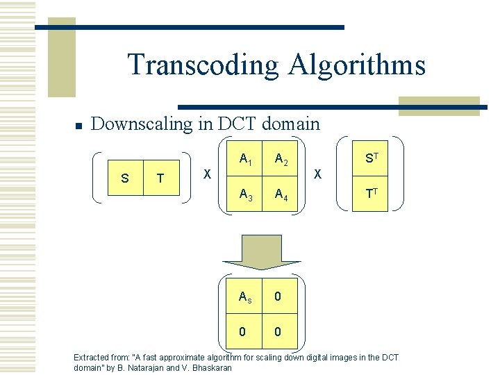 Transcoding Algorithms n Downscaling in DCT domain S T X A 1 A 2