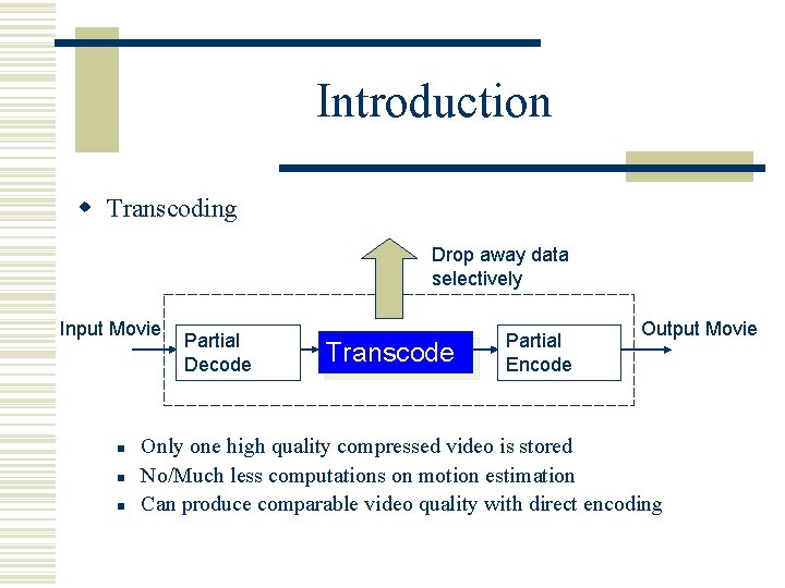 Introduction w Transcoding Drop away data selectively Input Movie n n n Partial Decode