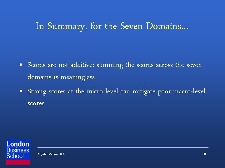 In Summary, for the Seven Domains… • Scores are not additive: summing the scores