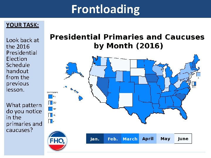 Frontloading YOUR TASK: Look back at the 2016 Presidential Election Schedule handout from the