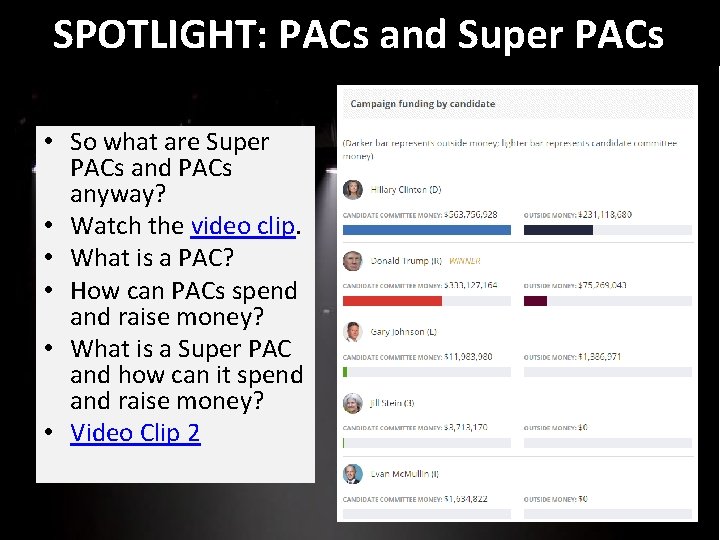 SPOTLIGHT: PACs and Super PACs • So what are Super PACs and PACs anyway?