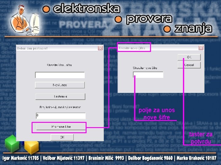 polje za unos nove šifre taster za potvrdu 