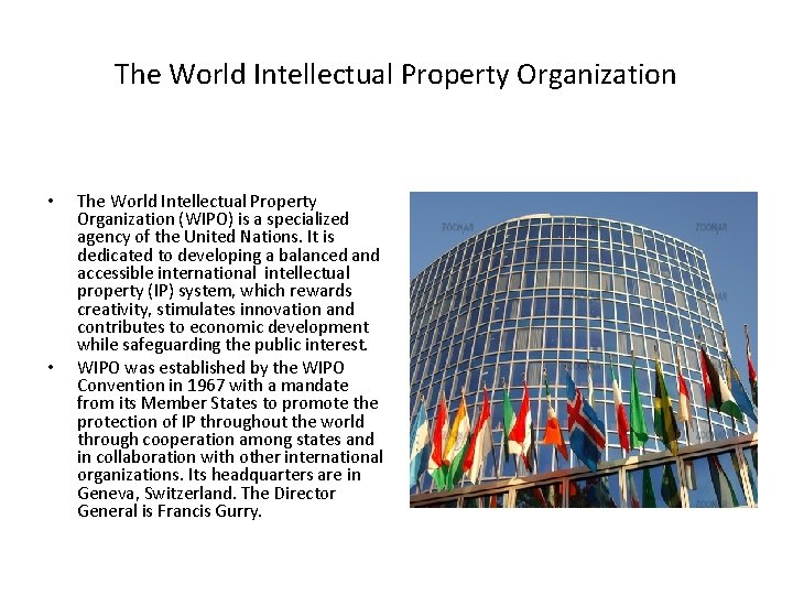 The World Intellectual Property Organization • • The World Intellectual Property Organization (WIPO) is