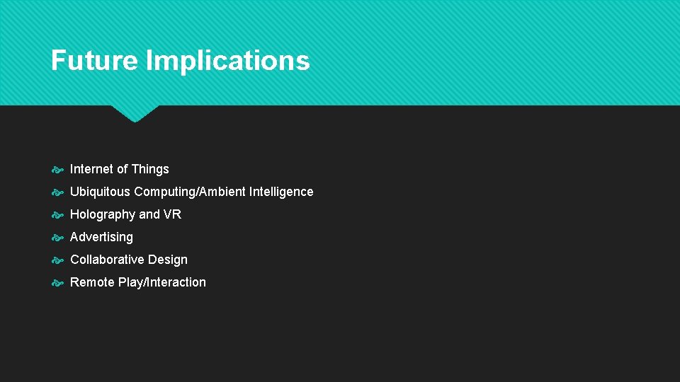 Future Implications Internet of Things Ubiquitous Computing/Ambient Intelligence Holography and VR Advertising Collaborative Design