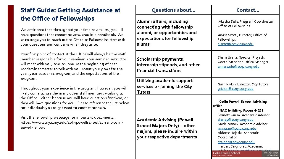  Staff Guide: Getting Assistance at the Office of Fellowships We anticipate that, throughout