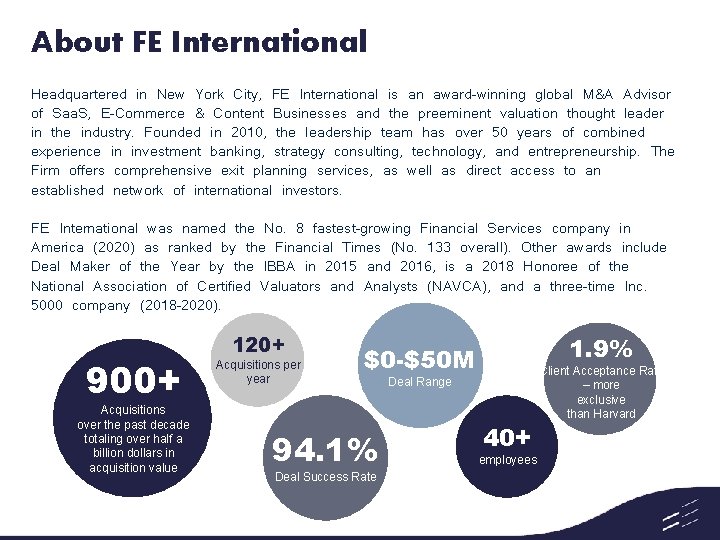 About FE International Headquartered in New York City, FE International is an award-winning global