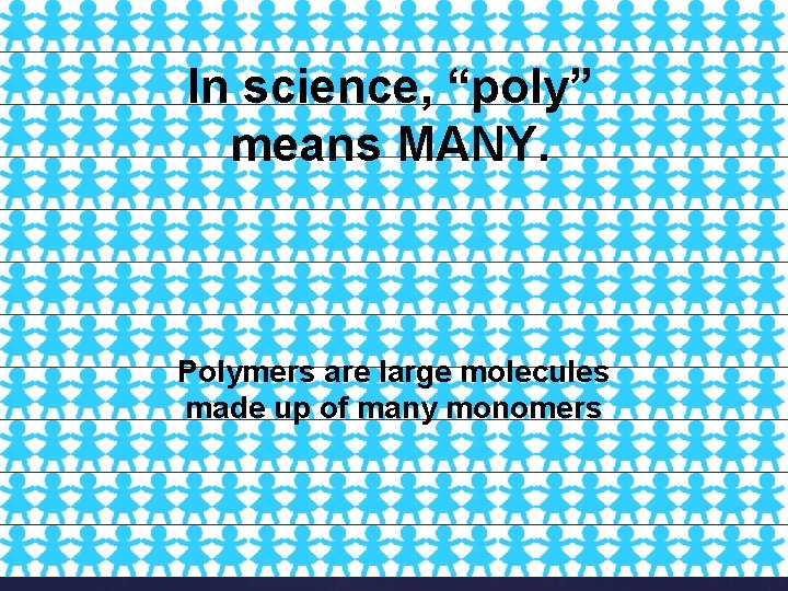 In science, “poly” means MANY. Polymers are large molecules made up of many monomers