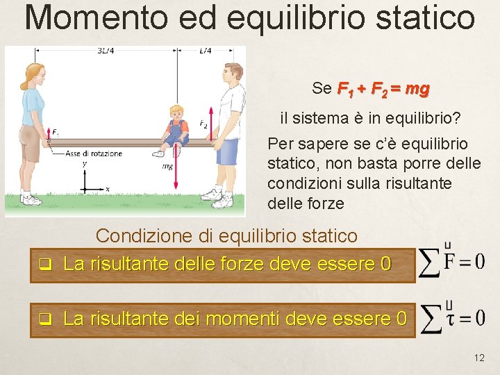 Momento ed equilibrio statico Se F 1 + F 2 = mg il sistema