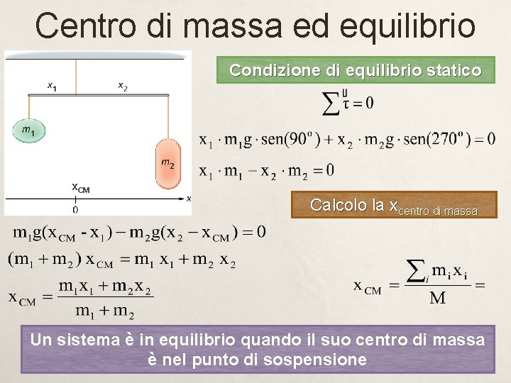 Centro di massa ed equilibrio Condizione di equilibrio statico x. CM Calcolo la xcentro