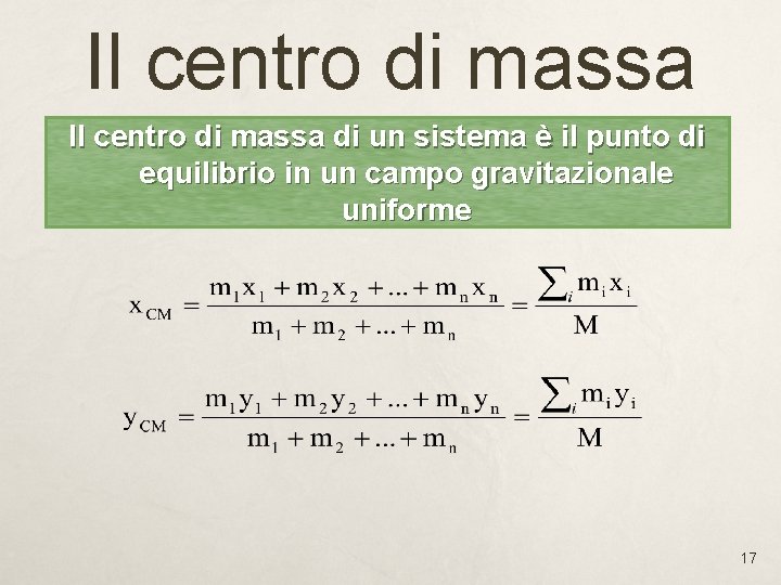 Il centro di massa di un sistema è il punto di equilibrio in un