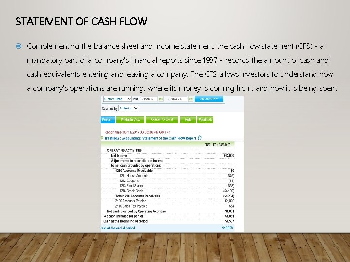 STATEMENT OF CASH FLOW Complementing the balance sheet and income statement, the cash flow