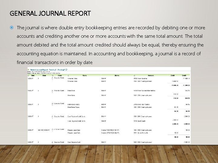 GENERAL JOURNAL REPORT The journal is where double entry bookkeeping entries are recorded by