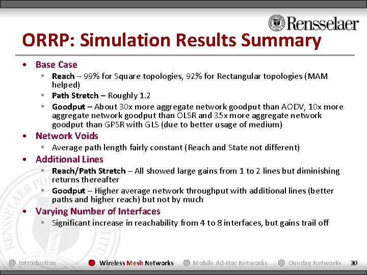 ORRP: Simulation Results Summary • Base Case § Reach – 99% for Square topologies,