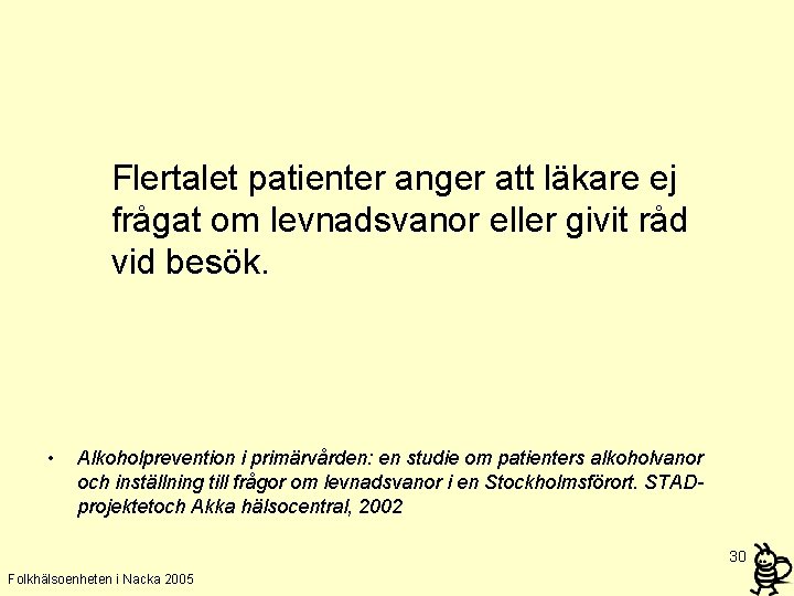 Flertalet patienter anger att läkare ej frågat om levnadsvanor eller givit råd vid besök.