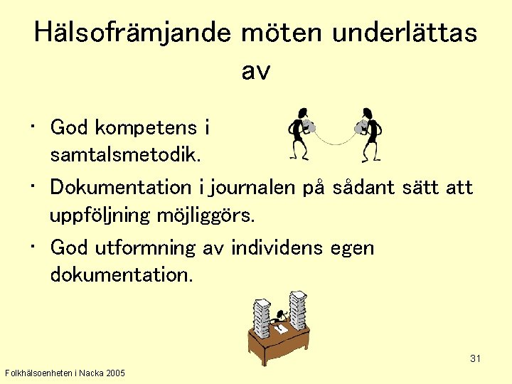 Hälsofrämjande möten underlättas av • God kompetens i samtalsmetodik. • Dokumentation i journalen på