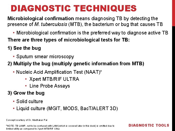 DIAGNOSTIC TECHNIQUES Microbiological confirmation means diagnosing TB by detecting the presence of M. tuberculosis