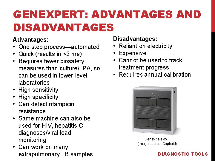 GENEXPERT: ADVANTAGES AND DISADVANTAGES Advantages: • One step process—automated • Quick (results in <2