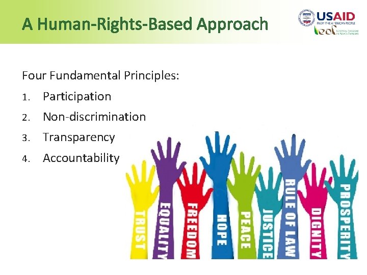 A Human-Rights-Based Approach Four Fundamental Principles: 1. Participation 2. Non-discrimination 3. Transparency 4. Accountability