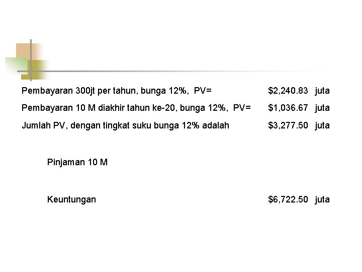 Pembayaran 300 jt per tahun, bunga 12%, PV= $2, 240. 83 juta Pembayaran 10