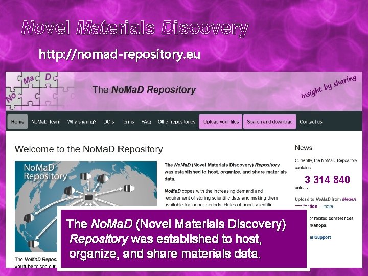 Novel Materials Discovery http: //nomad-repository. eu 3 314 840 The No. Ma. D (Novel