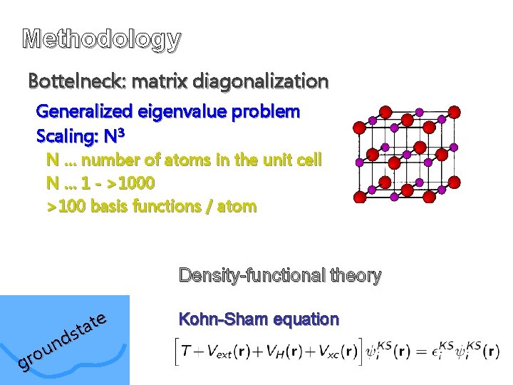 Methodology Bottelneck: matrix diagonalization Generalized eigenvalue problem Scaling: N 3 N … number of