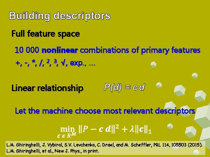 Building descriptors Full feature space 10 000 nonlinear combinations of primary features +, -,