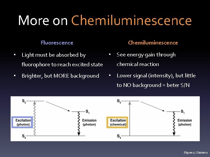 More on Chemiluminescence Fluorescence • Light must be absorbed by fluorophore to reach excited