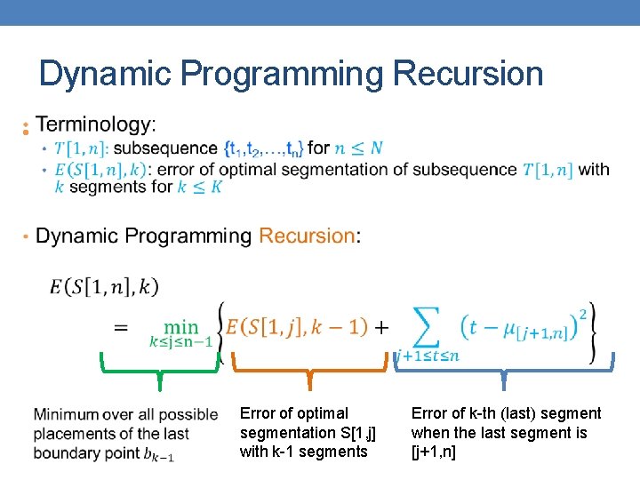 Dynamic Programming Recursion • Error of optimal segmentation S[1, j] with k-1 segments Error