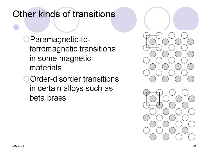 Other kinds of transitions l ¡Paramagnetic-toferromagnetic transitions in some magnetic materials ¡Order-disorder transitions in