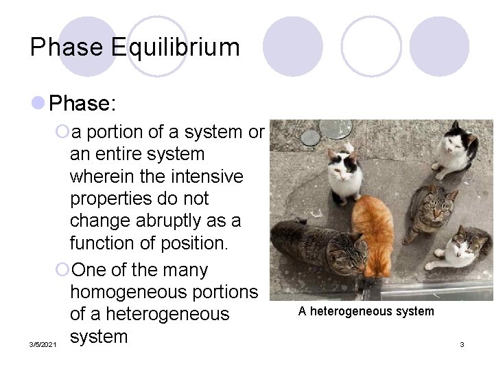 Phase Equilibrium l Phase: ¡a portion of a system or an entire system wherein