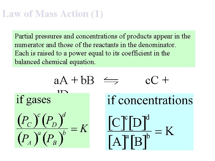 Law of Mass Action (1) Partial pressures and concentrations of products appear in the