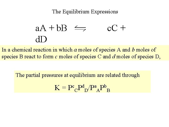 The Equilibrium Expressions a. A + b. B d. D c. C + In